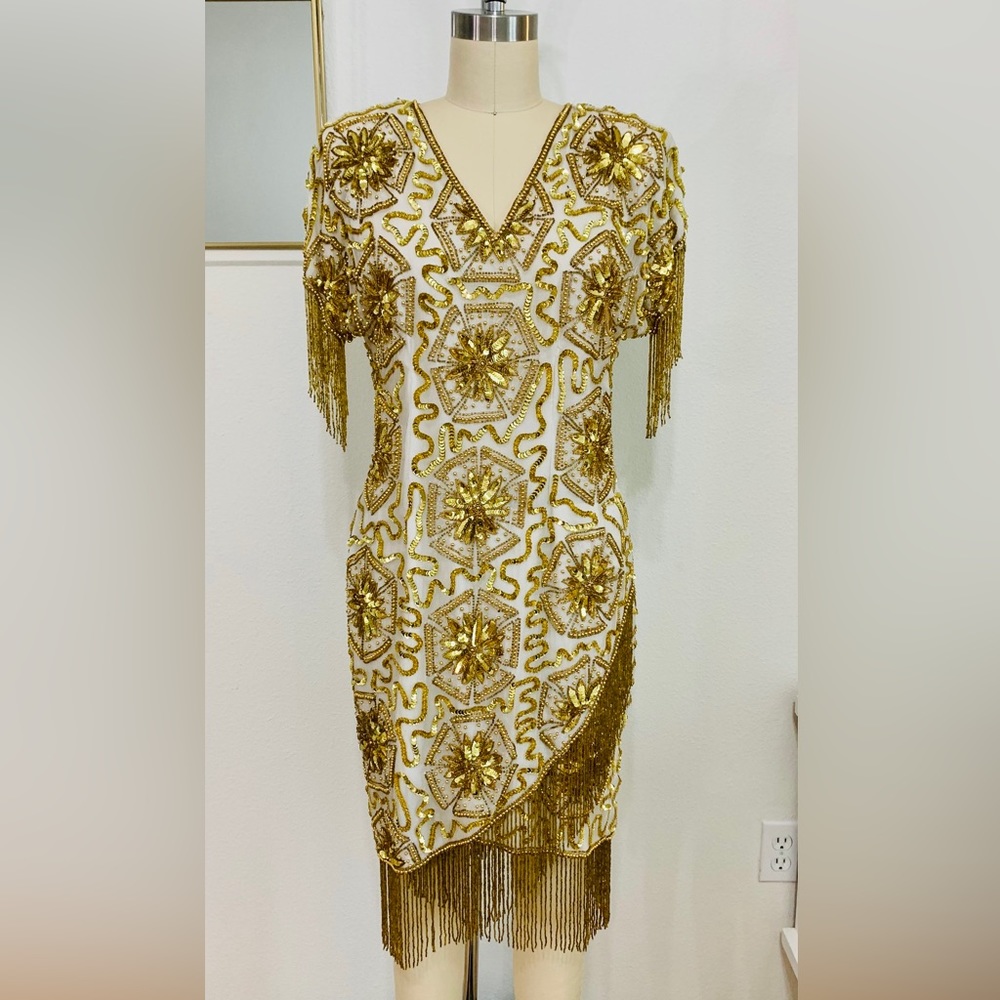 EUC Vintage Mark & John by Sam Pure Silk Cocktail Dress w/ Beaded Fringe